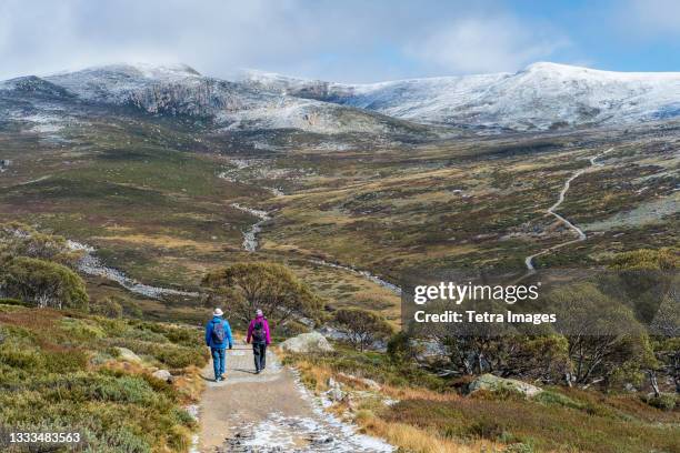 australia, new south wales, two people hiking on trail at charlotte pass in kosciuszko national park - hiking australia foto e immagini stock