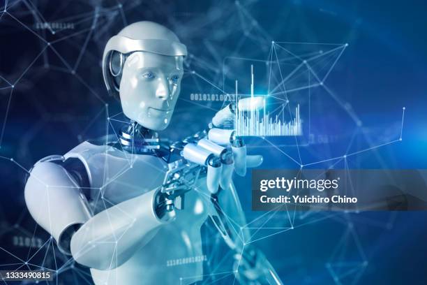 artificial intelligence robot control futuristic data screen - android stock pictures, royalty-free photos & images