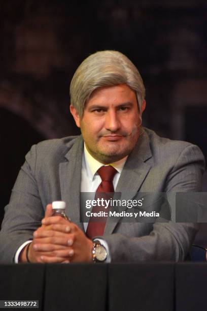 Cristian Ahumada as 'Andrés Manuel' listens during a press conference to present 'Nuevo Tenorio Cómico', at 'Centro Cultural 1' on August 10, 2021 in...