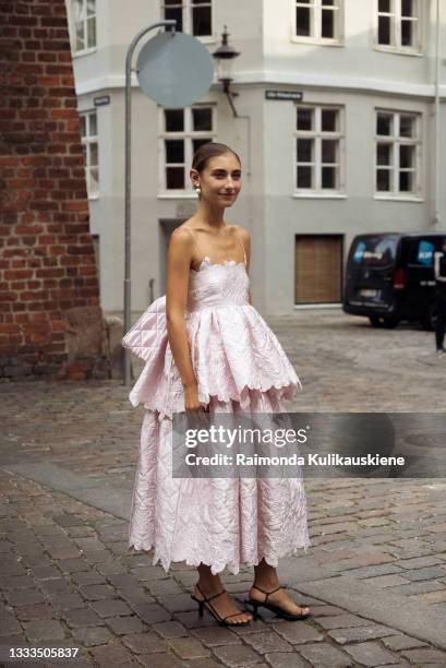 Jenny Walton wearing light pink Cecilie Bahnsen dress outside Remain during Copenhagen fashion week SS22 on August 10, 2020 in Copenhagen, Denmark.