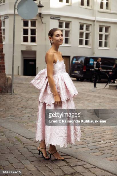 Jenny Walton wearing light pink Cecilie Bahnsen dress outside Remain during Copenhagen fashion week SS22 on August 10, 2020 in Copenhagen, Denmark.