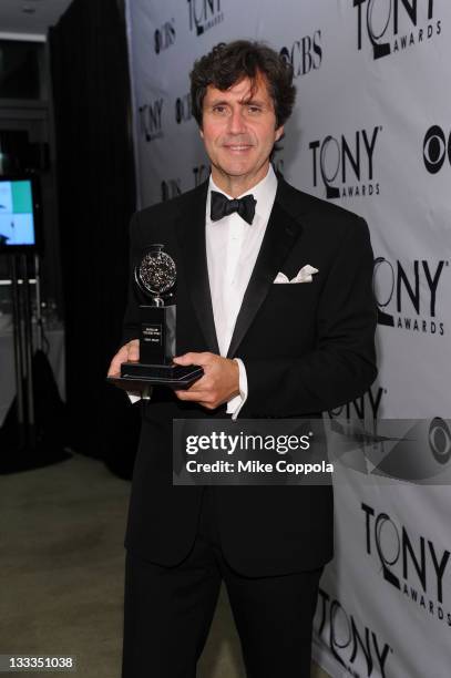 Brian Ronan poses with the award for Best Sound Design of a Musical during the 65th Annual Tony Awards at the The Jewish Community Center in...