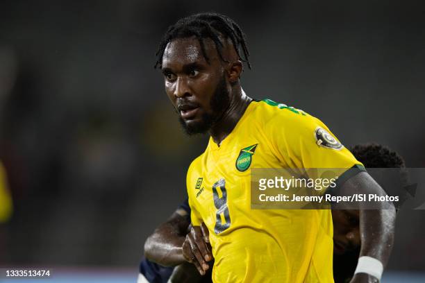 Oniel Fisher of Jamaica battles for the ball during a game between Costa Rica and Jamaica at Exploria Stadium on July 20, 2021 in Orlando, Florida.