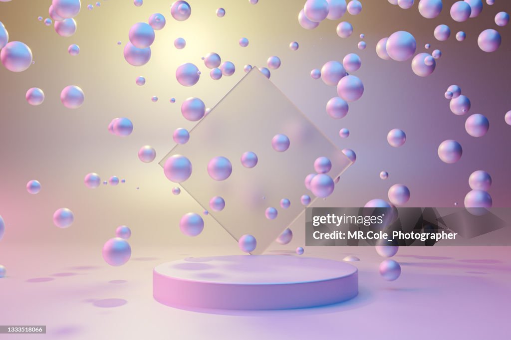 3d rendered pedestal Stage  with ball in pastel color, Platforms for product presentation, mock up background,Pink and blue colors Backgrounds,Futuristic design