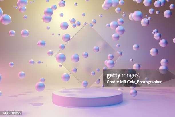 3d rendered pedestal stage  with ball in pastel color, platforms for product presentation, mock up background,pink and blue colors backgrounds,futuristic design - sports round stock-fotos und bilder