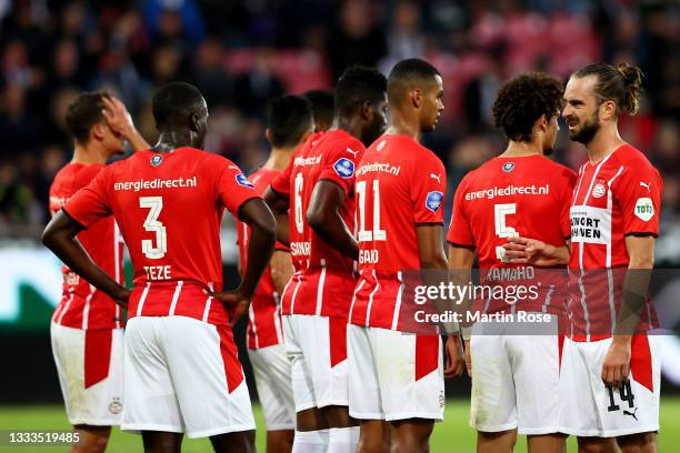 Davy Pröpper of PSV Eindhoven reacts during the UEFA Champions League third qualifying round second leg between FC Midtjylland and PSV Eindhoven at...