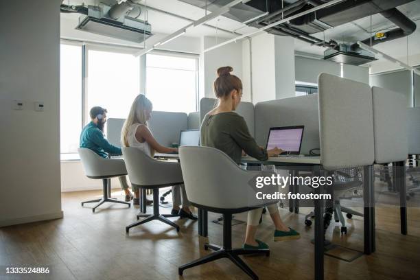 vista posteriore di uomini d'affari che lavorano in cubicoli in un ufficio comune - sicurezza-sul-posto-di-lavoro foto e immagini stock