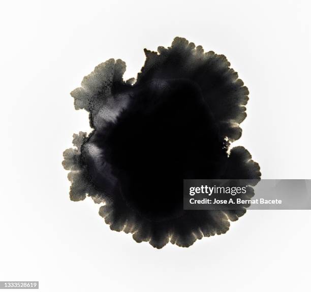 splashes of a drop of black paint on a white canvas. - black watercolor stockfoto's en -beelden