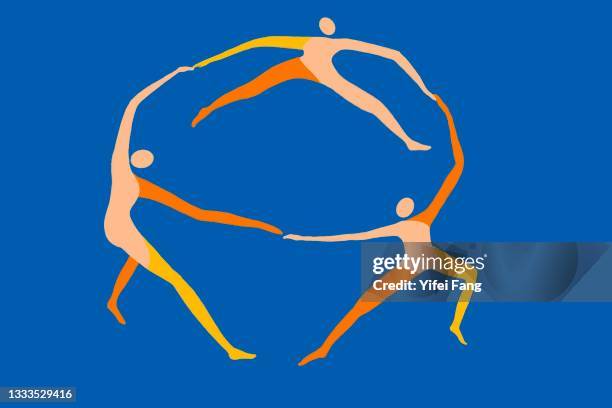 vector illustration of three people dancing in circle - interracial cartoon stock pictures, royalty-free photos & images