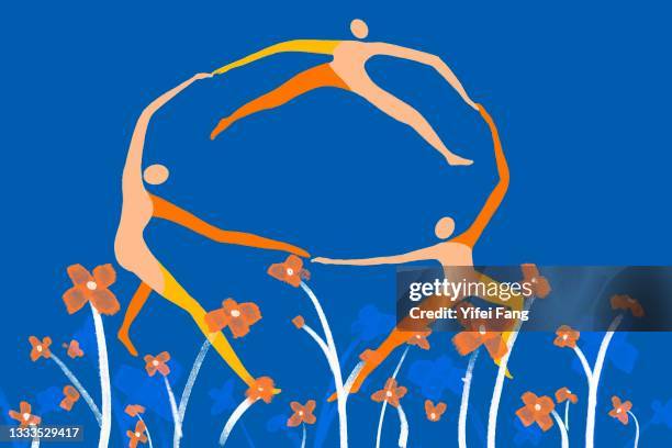 vector illustration of three people dancing in circle on blue background with flowers - holding hands illustration stock pictures, royalty-free photos & images