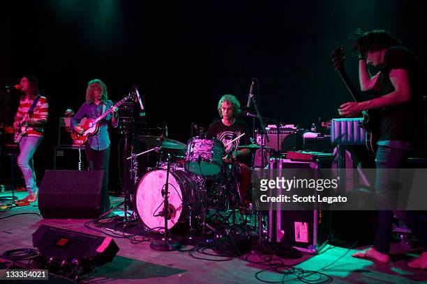 Kevin Parker, Dominic Simper, Jay "Gumby" Watson and Nick "Paisley Adams" Allbrook of Tame Impala performs at The Vogue on June 14, 2010 in...