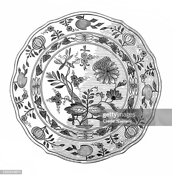 ilustraciones, imágenes clip art, dibujos animados e iconos de stock de placa de la duro-porcelana de meissen con el patrón supuesto de la cebolla - porcelana china