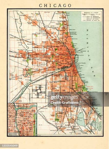 stockillustraties, clipart, cartoons en iconen met map of city chicago united states 1898 - chicago map