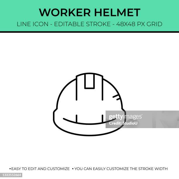 worker helmet single line icon - construction worker portrait stock illustrations