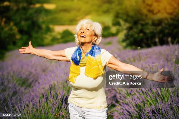 enjoying the lavender field. - elderly cognitive stimulation therapy stockfoto's en -beelden