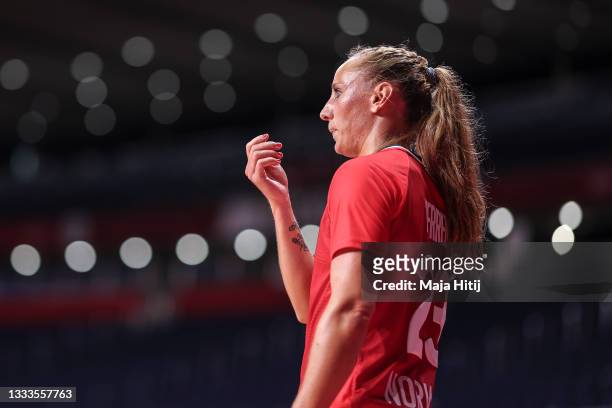 Camilla Herrem of Team Norway looks on during the Women's Bronze Medal handball match between Norway and Sweden on day sixteen of the Tokyo 2020...