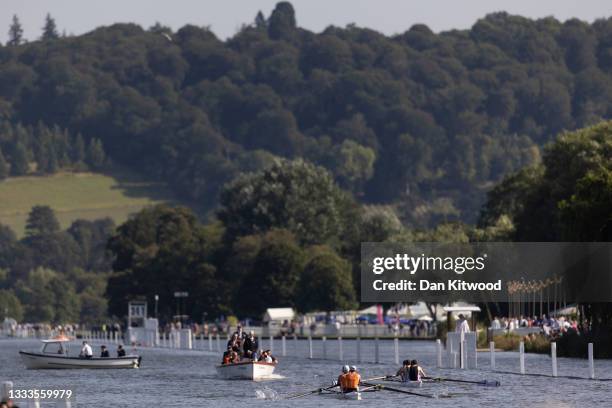 Boats race on day one of the Henley Royal Regatta on July 11, 2021 in Henley-on-Thames, England. The Henley Royal Regatta is regarded as part of the...