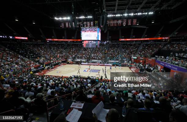 The Detroit Pistons and the Houston Rockets play a game during the 2021 NBA Summer League at the Thomas & Mack Center on August 10, 2021 in Las...