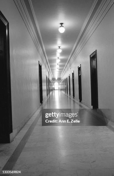 View along an empty hallway in the Russell Senate Office Building, Washington DC, October 3, 1973. The photo was taken during the ongoing Senate...