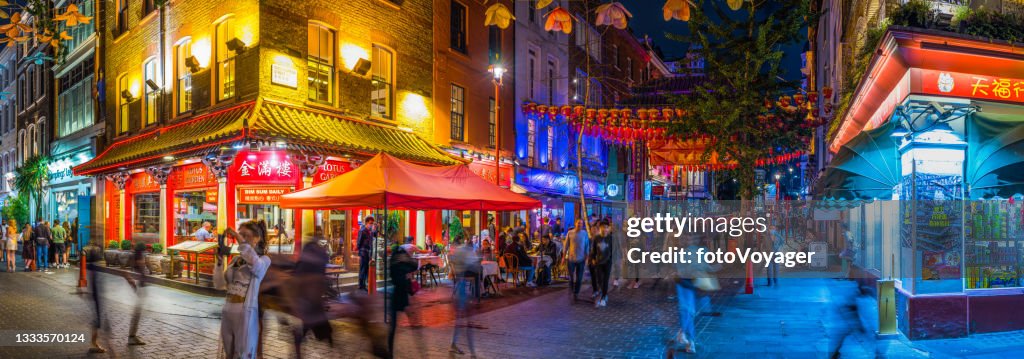 London nightlife crowds of people in Chinatown restaurants bars panorama