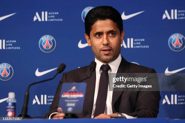 President Nasser Al Khelaifi answers journalists during a conference of Paris Saint-Germain at Parc des Princes on August 11, 2021 in Paris, France.