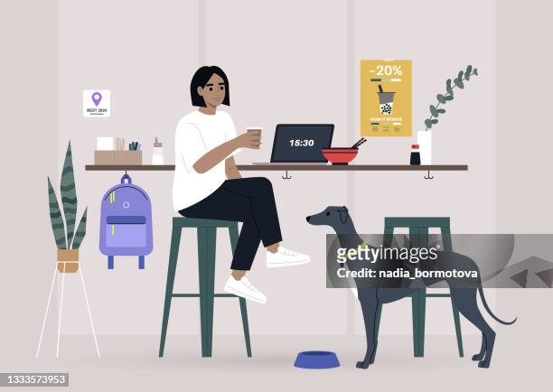 A female freelancer having lunch with their pet in a dog friendly cafe, a counter with bar stools