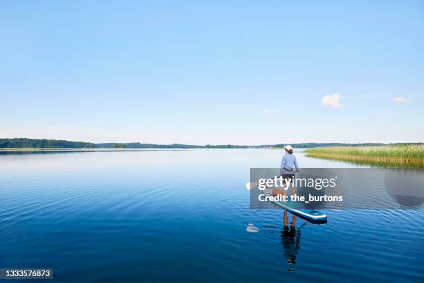 woman stand up paddling on an idyllic lake in summer, blue sky is reflected in the smooth water - mecklenburg vorpommern - fotografias e filmes do acervo