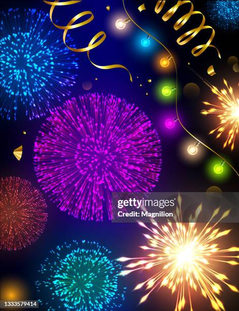 new year background with fireworks and confetti - string lights transparent stock illustrations