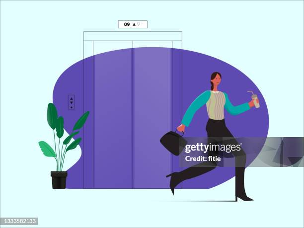 business woman walking out of elevator with bag and cup of coffee. - crowded elevator stock illustrations