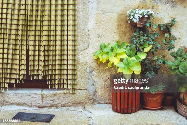 entrance of a village house decorated with plants - bead curtain stock pictures, royalty-free photos & images