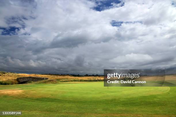 View from behind the green on the par 4, fourth hole at Prestwick Golf Club on August 06, 2021 in Prestwick, Scotland.