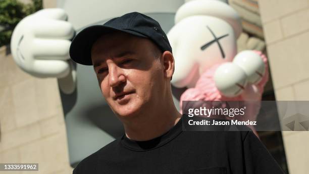 Brian Donnelly attends KAWS Unveils His New Statue, Share, At Rockefeller Center on August 11, 2021 in New York City.
