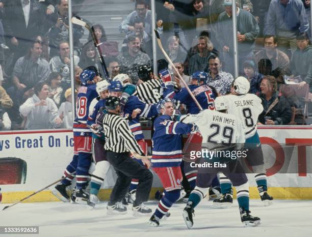 Players from the New York Rangers and the Mighty Ducks of Anaheim engage in a brawl during the NHL Western Conference Pacific Division game on 7th...