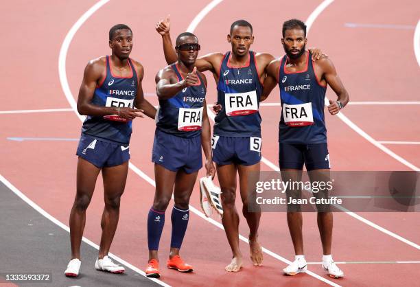 Team France - Thomas Jordier; Muhammad Kounta; Ludovic Ouceni; Gilles Biron - following the Men's 4 x 400m Relay Semifinal on day fourteen of the...