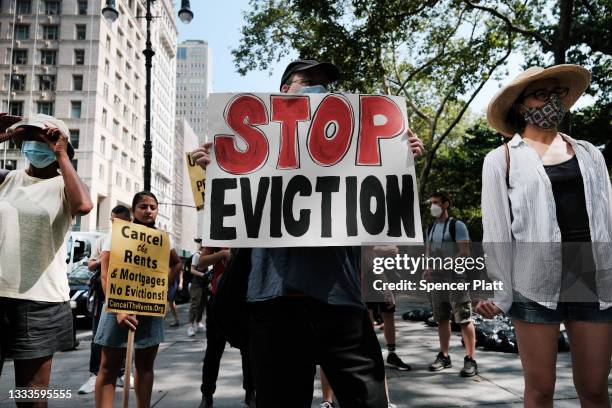 Activists hold a protest against evictions near City Hall on August 11, 2021 in New York City. New York state’s current eviction moratorium is set to...