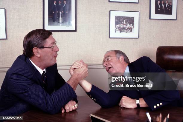 Al Arbour and Bill Torrey of the New York Islanders circa 1984 at the Nassau Coliseum in Uniondale, New York.