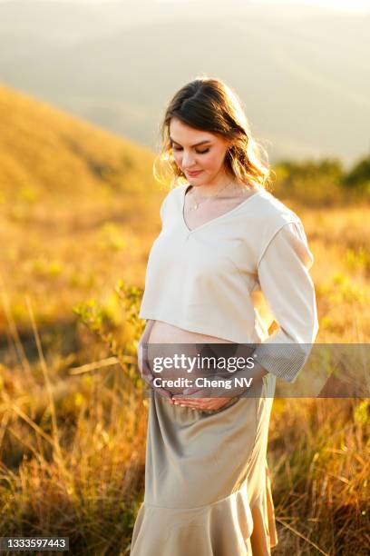portrait of a beautiful pregnant woman in the hills. - maternity wear stock pictures, royalty-free photos & images