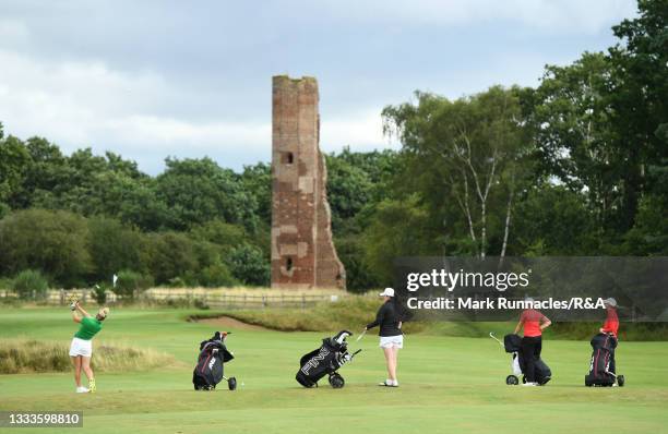 NLauren Walsh and Sara Byrne of Ireland with Hannah Screen and Amelia Jane Williamson of England at the 3rd hole in the afternoon Foursomes during...