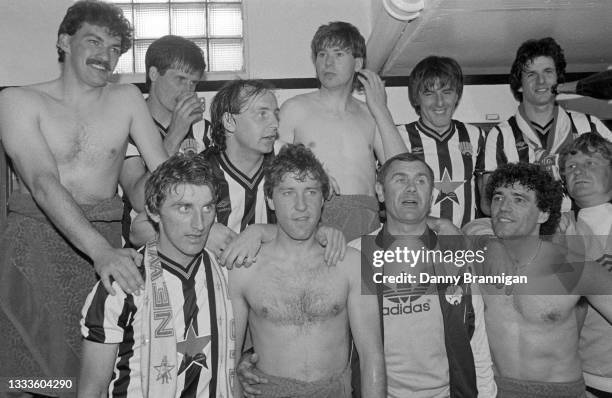 Newcastle players from left to right Kevin Carr, Glenn Roeder, David McCreery, Chris Waddle, Peter Beardsley and Kenny Wharton, Front Row, John...