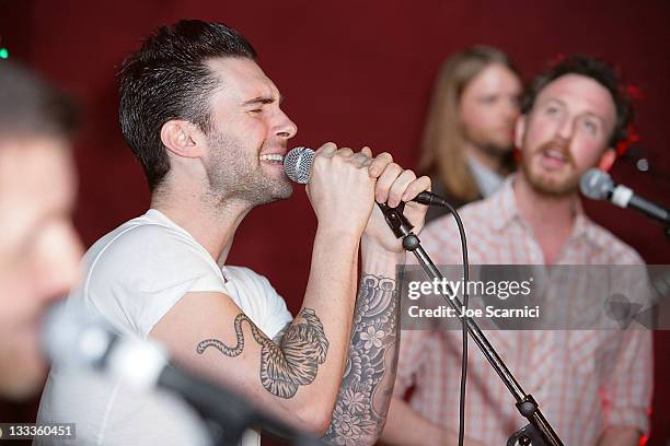 Adam Levine and Ryan Miller perform at Green Music Group Celebrates Its Official Launch Party at the Janes House on January 30, 2010 in Hollywood,...