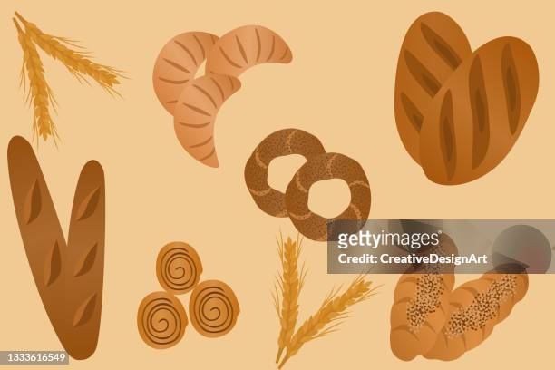 different kinds of bakery items with loafs, baguettes, croissants and cinnamon rolls on yellow background - flour stock illustrations