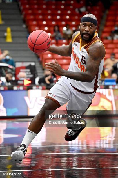 Bobby Brown of the Bivouac dribbles the ball during the game against 3's Company during BIG3 - Week Six at Credit Union 1 Arena on August 07, 2021 in...