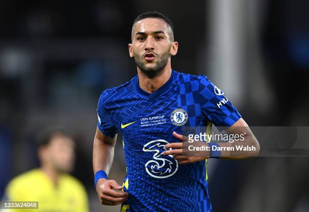 Hakim Ziyech of Chelsea celebrates after scoring their team's first goal during the UEFA Super Cup 2021 match between Chelsea FC and Villarreal CF at...