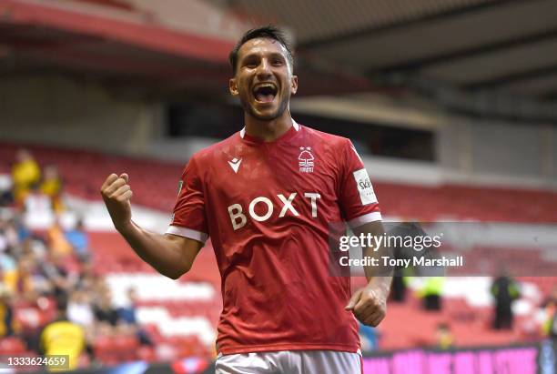 Joao Carvalho of Nottingham Forest celebrates scoring his second goal during the Carabao Cup First Round match between Nottingham Forest and Bradford...