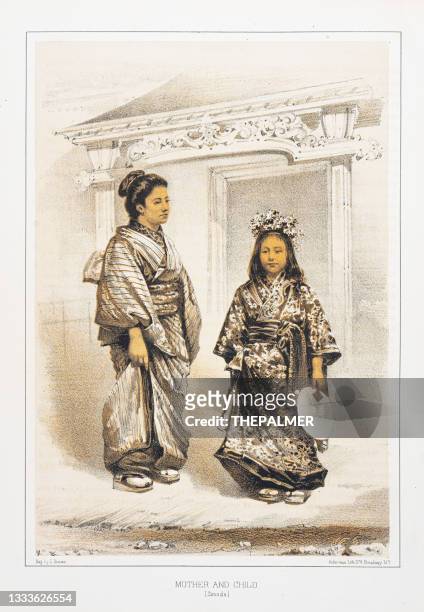 mutter und kind in shimoda - farblithographie 1856 - adolescent daughter mother portrait stock-grafiken, -clipart, -cartoons und -symbole