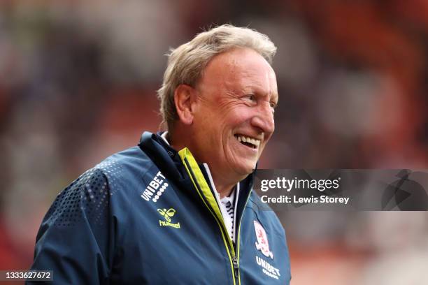 Neil Warnock, Manager of Middlesborough reacts prior to the Carabao Cup First Round match between Blackpool and Middlesborough at Bloomfield Road on...