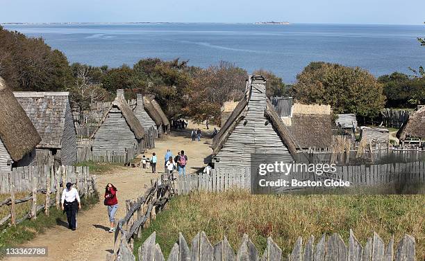 The English Village is viewed, looking toward Cape Cod Bay. Roleplayers and native peoples model life in 1627 on Plimoth Plantation, on Monday, Oct....