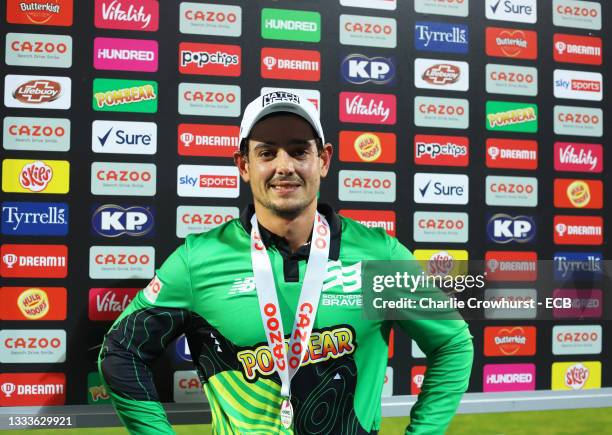 Match Hero Quinton De Kock of Southern Brave Men poses following The Hundred match between Southern Brave Men and Welsh Fire Men at The Ageas Bowl on...