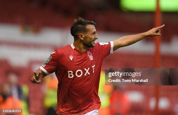 Joao Carvalho of Nottingham Forest celebrates scoring his second goal during the Carabao Cup First Round match between Nottingham Forest and Bradford...