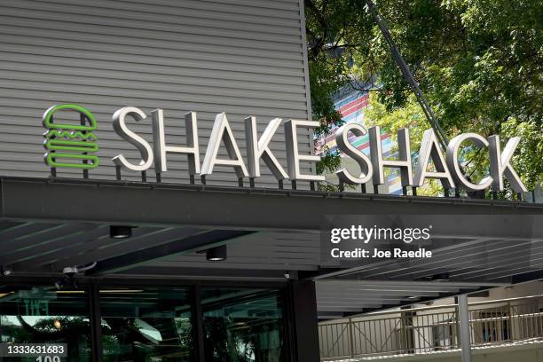 Sign above the Shake Shack restaurant on August 11, 2021 in Miami, Florida. The Shake Shack company is reported to be planning on raising prices in...